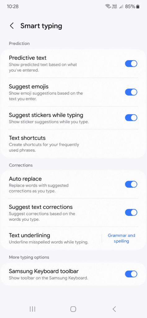 Samsung Keyboard Smart typing settings on One UI 8.5