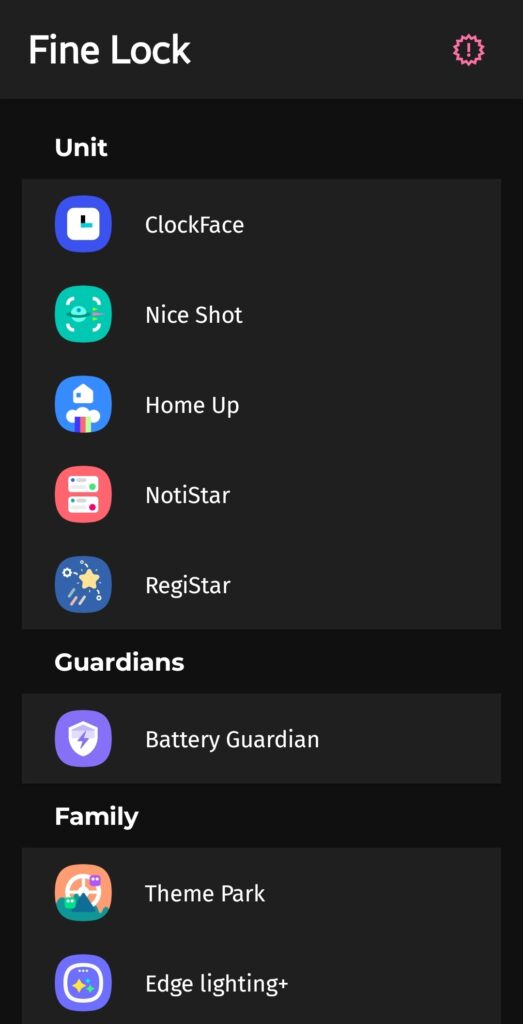 Fine Lock showing missing Good Lock modules on a Samsung Galaxy phone