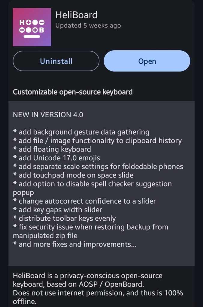 Samsung Keyboard Problems Slowing You Down? HeliBoard Fixes the Privacy Trade-Off - 723977 F-Droid HeliBoard listing with Android compatibility and permissions